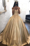 Ball Gown Champagne Gold Satin Quinceanera Dresses Appliques Lace Prom Dresses RJS933