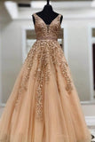 Ball Gown Gold Lace Long Prom Dresses with Appliques V Neck Tulle Evening Dresses Rrjs589 Rjerdress