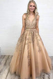 Ball Gown Gold Lace Long Prom Dresses with Appliques V Neck Tulle Evening Dresses Rrjs589 Rjerdress