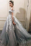 Ball Gown Gray Off the Shoulder Tulle Prom Dresses with Lace Appliques RJS685