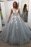 Ball Gown Gray V Neck Prom Dresses with Lace Appliques Quinceanera Dresses rjs684