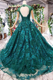 Ball Gown Green Court Train Scoop Lace Appliques Cap Sleeves Lace up Quinceanera Dresses RJS787 Rjerdress