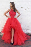 Ball Gown Halter High Low Prom Dresses Beading Asymmetrical Tulle Evening Dresses RJS501
