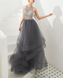 Ball Gown Halter High Low Prom Dresses Beading Asymmetrical Tulle Evening Dresses