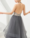 Ball Gown Halter High Low Prom Dresses Beading Asymmetrical Tulle Evening Dresses Rjerdress