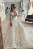 Ball Gown Illusion Long Sleeves V Neck Wedding Dress With Appliques