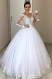 Ball Gown Illusion Sleeves White Wedding Dresses With Lace Appliques