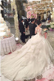 Ball Gown Ivory Sweetheart Sweep Train Long Tulle Long Sleeves Appliques Wedding Dresses Rjerdress
