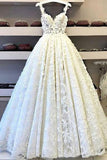 Ball Gown Lace Appliques V Neck Wedding Dresses Spaghetti Straps Long Evening Dresses