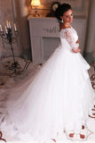 Ball Gown Lace Tulle 3/4 Sleeves Scoop White Lace up Wedding Gowns Wedding Dresses Rjerdress