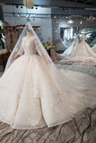 Ball Gown Lace Up Back Cathedral Train Wedding Dress Appliques&Beads