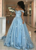 Ball Gown Light Blue Lace Appliques Prom Dresses Off the Shoulder Quinceanera Dresses RJS500