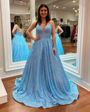 Ball Gown Light Blue Sequins V-neck Long Prom Dresses Evening Dress