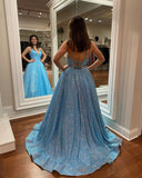Ball Gown Light Blue Sequins V-neck Long Prom Dresses Evening Dress Rjerdress