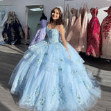 Ball Gown Light Blue Spaghetti Straps Tulle Quinceanera Dresses With Handmade Flower Appliques