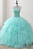 Ball Gown Long Green Sleeveless Open Back Lace up Beads High Neck Quinceanera Dresses RJS422