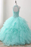 Ball Gown Long Green Sleeveless Open Back Lace up Beads High Neck Quinceanera Dresses RJS422 Rjerdress