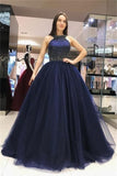 Ball Gown Long Navy Blue Beading Tulle Princess Prom Dresses Quinceanera Dresses Rjerdress