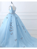Ball Gown Long Sky Blue Butterfly V Neck Appliques Lace up Prom Quinceanera Dresses RJS848 Rjerdress