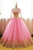 Ball Gown Long Sleeve Gold Rose Red Tulle Round Neck Lace up Prom Quinceanera Dresses RJS147