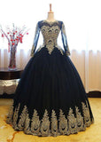 Ball Gown Long Sleeve Gold Rose Red Tulle Round Neck Lace up Prom Quinceanera Dresses RJS147 Rjerdress