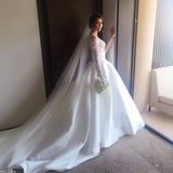 Ball Gown Long Sleeve Ivory Satin Wedding Dresses with Lace Long Bride Dresses Rjerdress