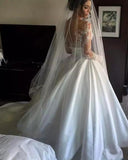 Ball Gown Long Sleeve Ivory Satin Wedding Dresses with Lace Long Bride Dresses Rjerdress
