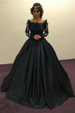 Ball Gown Long Sleeves Navy Blue With Lace Prom Dress Quinceanera Dresses RJS450