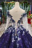 Ball Gown Long Sleeves Sequins Scoop Puffy Quinceanera Dress Appliques Rjerdress
