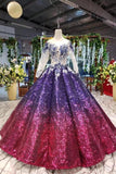 Ball Gown Long Sleeves Sequins Scoop Puffy Quinceanera Dress Appliques Rjerdress