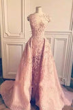Ball Gown Mermaid Pink Lace Appliques Tulle Cap Sleeve Backless Prom Dresses RJS761