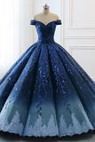 Ball Gown Navy Blue Lace Applique Ombre Off the Shoulder Princess Quinceanera Dresse RJS269