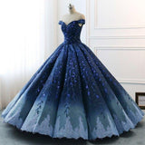 Ball Gown Navy Blue Lace Applique Ombre Off the Shoulder Princess Quinceanera Dresse RJS269 Rjerdress