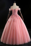 Ball Gown Off Shoulder Prom Dress With Flowers, Floor Length Applique Quinceanera Dress Rjerdress