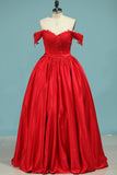 Ball Gown Off-The-Shoulder Satin With Applique Color Red  Zipper Back Party Dresses
