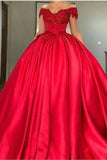Ball Gown Off-The-Shoulder Satin With Applique Color Red  Zipper Back Rjerdress