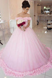 Ball Gown Off shoulder Pink Tulle Wedding Quinceanera Dresses With Flowers