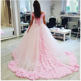 Ball Gown Off shoulder Pink Tulle Wedding Quinceanera Dresses With Flowers Rjerdress