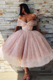 Ball Gown Off the Shoulder Homecoming Dress Pink Tea Length Graduation Dresses RJS739