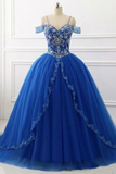 Ball Gown Off the Shoulder Royal Blue Quinceanera Dresses Beaded V Neck Prom Dresses P1092 Rjerdress