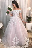 Ball Gown Off the Shoulder Tulle Bateau Long Wedding Dresses with Sleeves Bride Dress Rjerdress