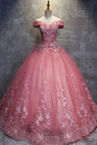 Ball Gown Off-the-Shoulder Watermelon Tulle Sweetheart Cheap Wedding Dresses with Appliques RJS271