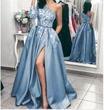 Ball Gown One Shoulder Long Sleeves Grey Satin Split White Lace Long Prom Dresses With Pockets Prom Dresses Rjerdress