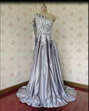 Ball Gown One Shoulder Long Sleeves Grey Satin Split White Lace Long Prom Dresses With Pockets Prom Dresses Rjerdress