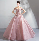 Ball Gown Pink Off the Shoulder Prom Dresses Lace Appliques Quinceanera Dresses Rjerdress