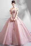 Ball Gown Pink Off the Shoulder Prom Dresses Lace Appliques Quinceanera Dresses