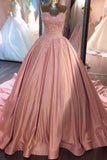 Ball Gown Pink Strapless Appliques Sweetheart Sweep Train Satin Quinceanera Dresses RJS775 Rjerdress