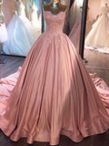 Ball Gown Pink Strapless Appliques Sweetheart Sweep Train Satin Quinceanera Dresses RJS775 Rjerdress