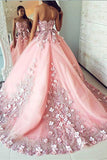 Ball Gown Pink Tulle Lace Applique Long Sweetheart Strapless Prom Dresses Quinceanera Dresses RJS255 Rjerdress
