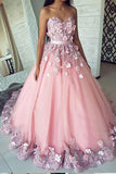 Ball Gown Pink Tulle Lace Applique Long Sweetheart Strapless Prom Dresses Quinceanera Dresses RJS255